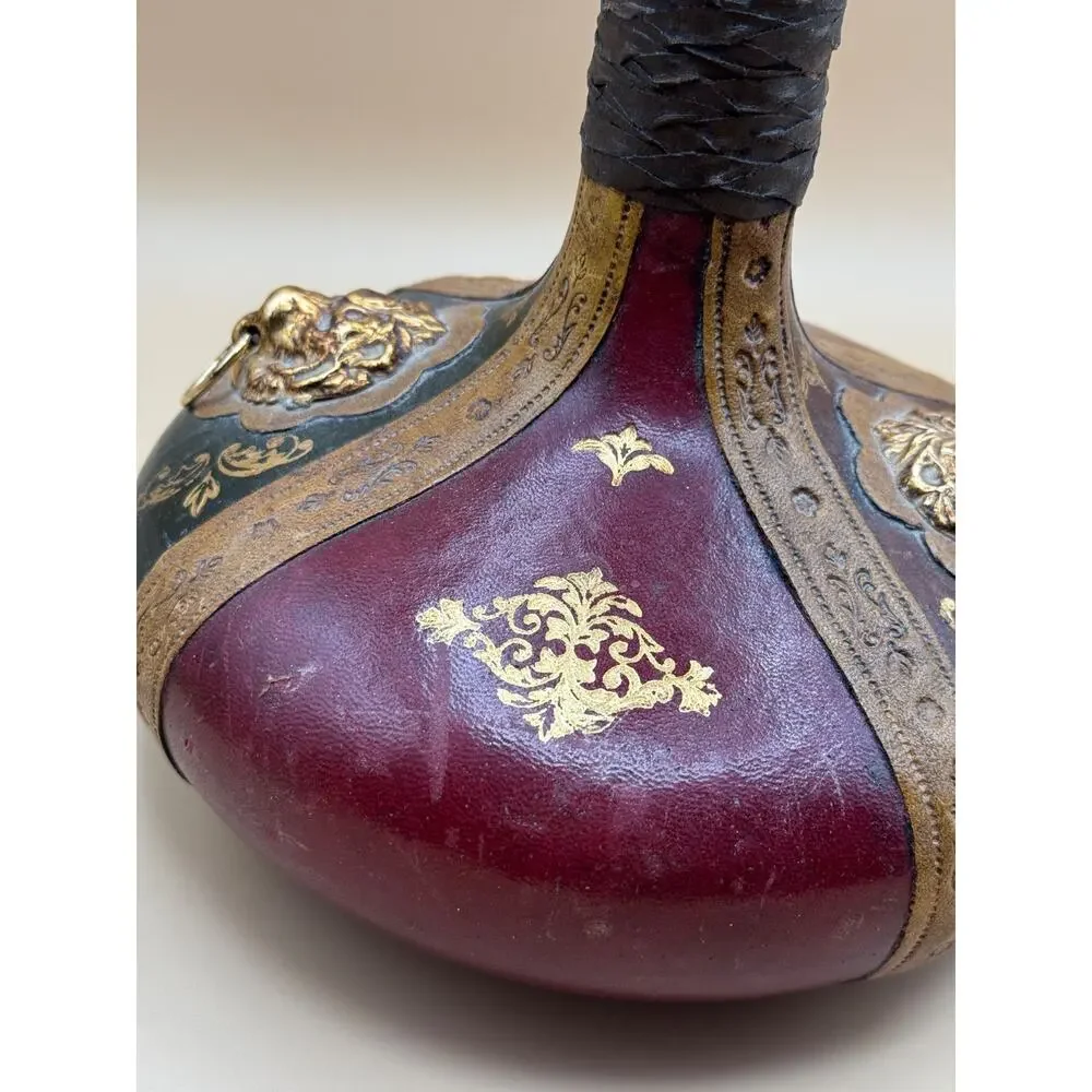 Vintage Italian Leather Wrapped Glass Decanter Lion Head Barware 11.25